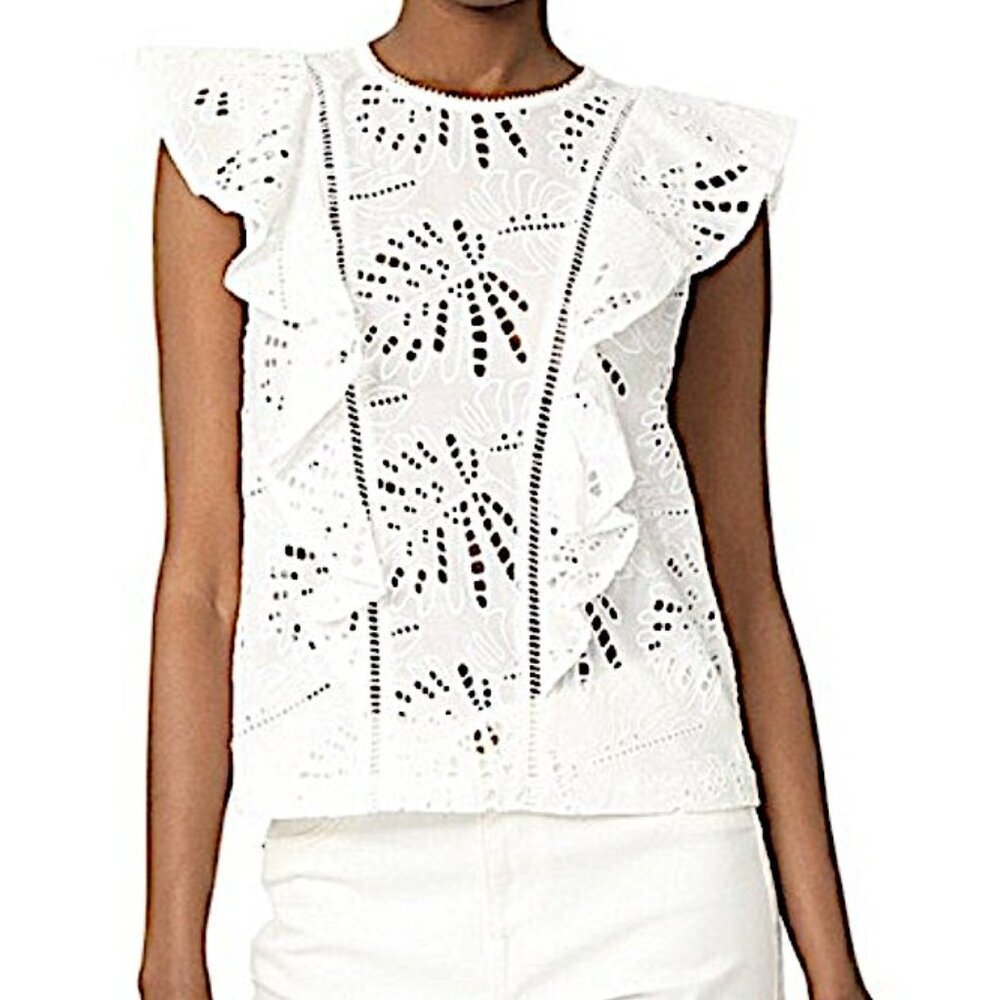 SUNCOO Paris White Eyelet Lace Ruffle Sleeve Blouse XS